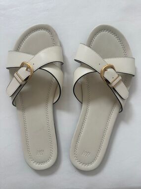 H&M EUC Cream Slide Sandals with Gold Buckle Size 10